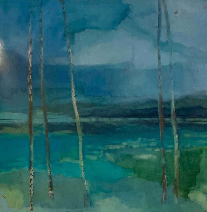 Watercolor of a pond with tall skinny trees in front of it right after sun down