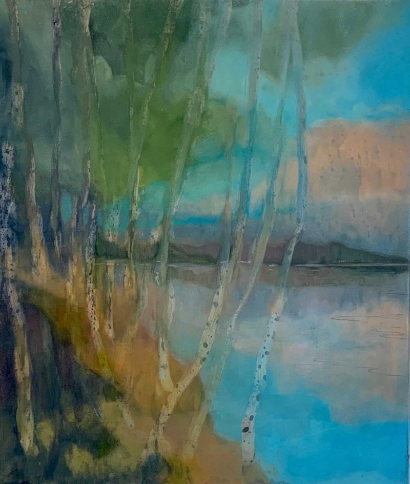 Watercolor of a lake with trees to the left of it at sundown