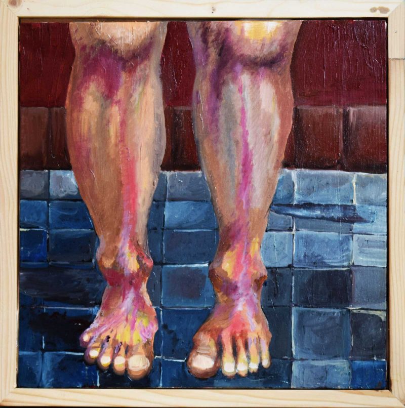Painting of legs from knees down standing on blue tiled floor.