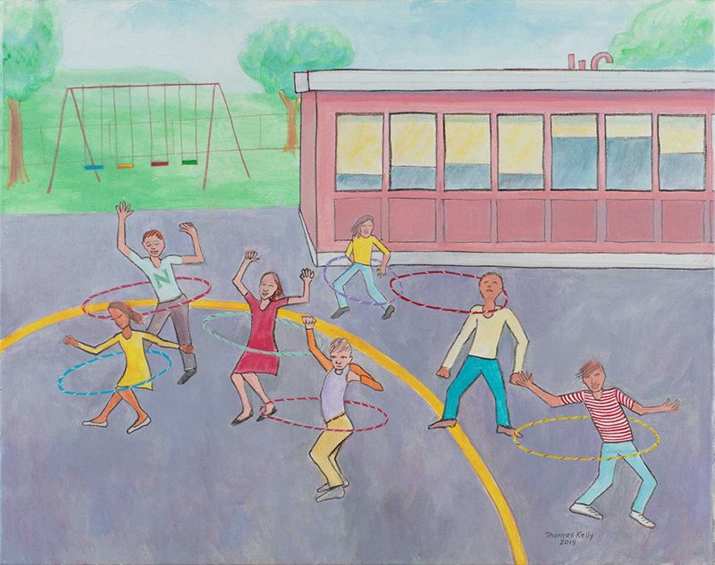 Paintings of seven children hula hooping in a playground.
