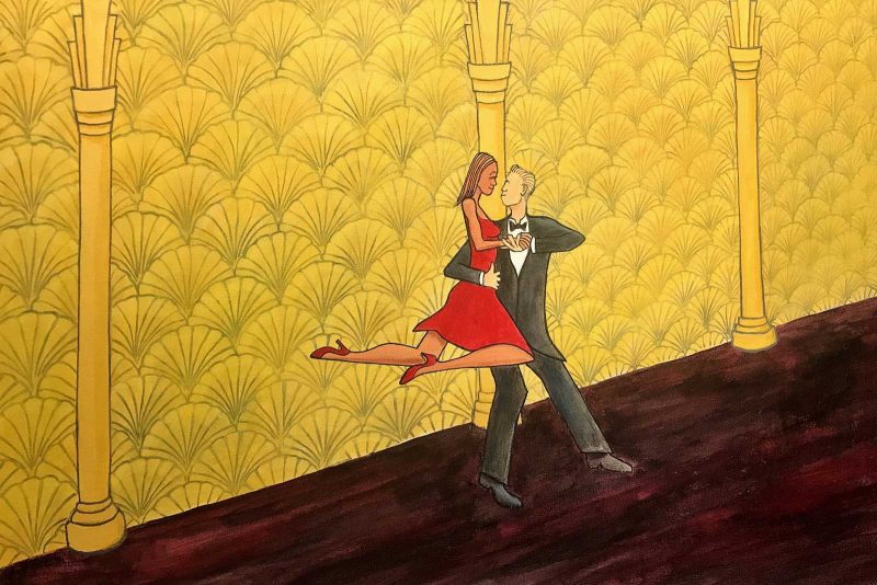 Painting of a couple wearing evening wear dancing in a great dance hall with yellow patterned walls and hard wood floors