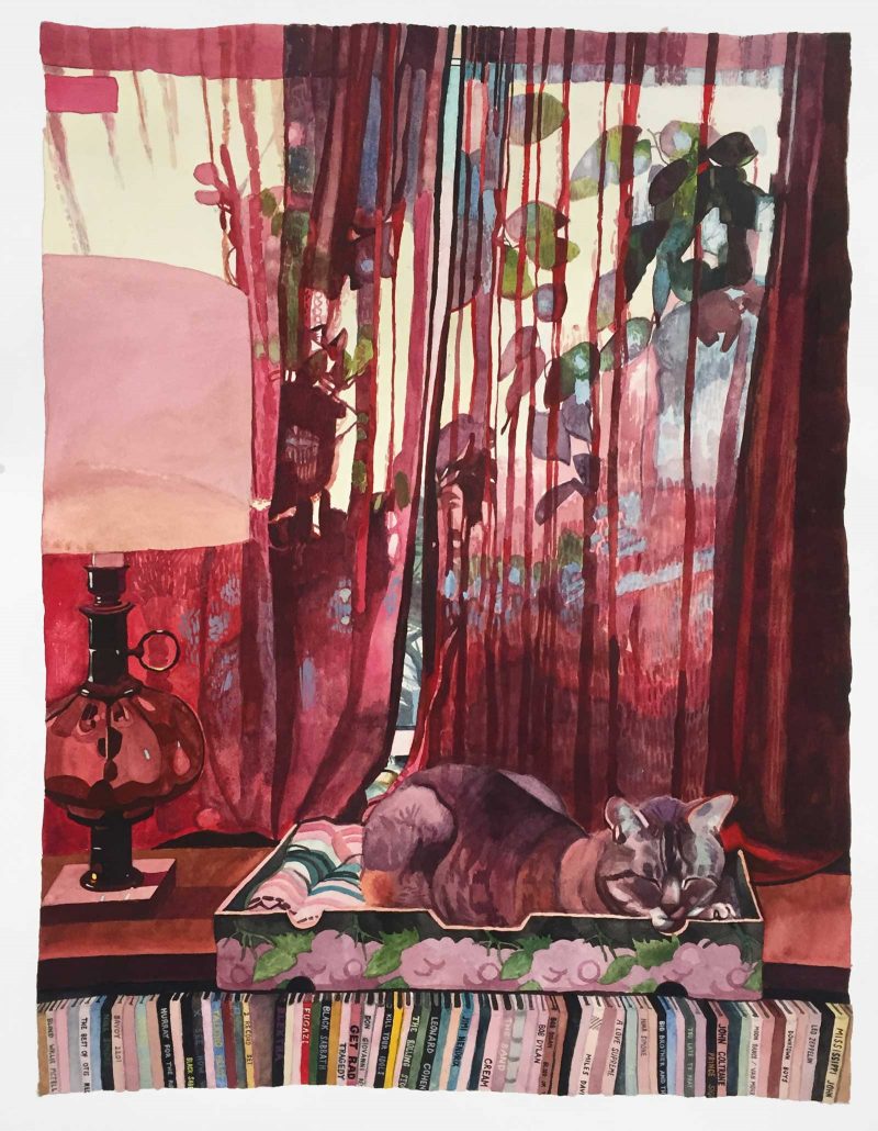 Watercolor of a cat pounding hear a window obscured by a sheer red curtain