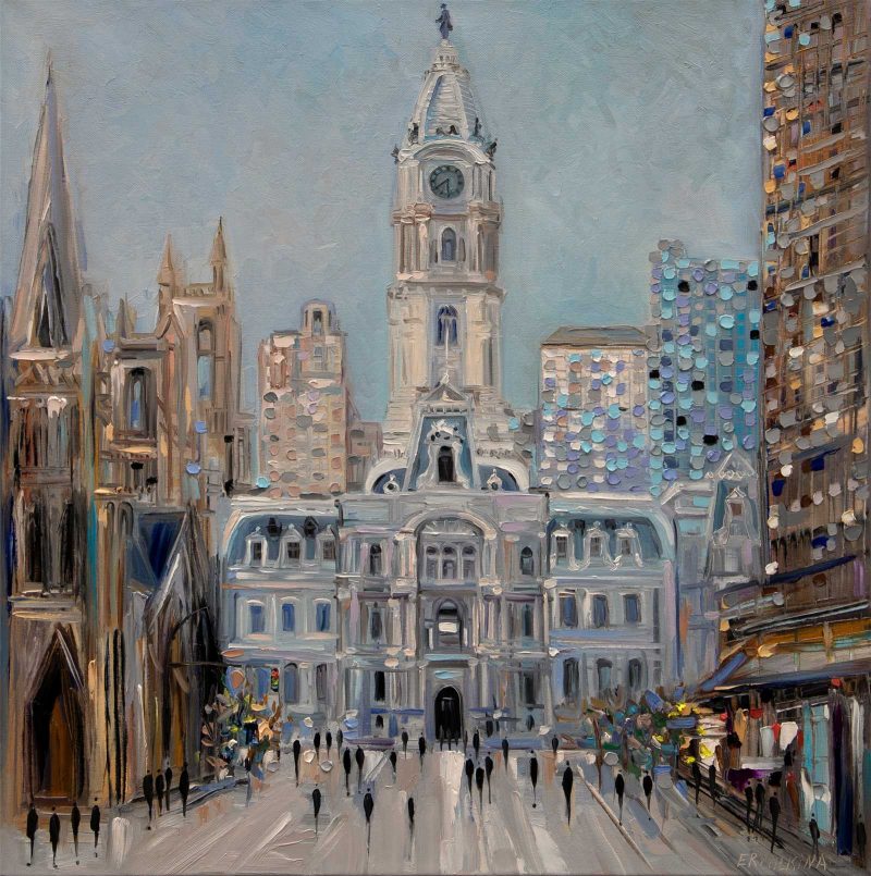 oil painting of city hall viewed from the south side of broad street.