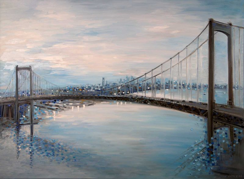 Oil painting of the bridge over the water with a cloudy sky.