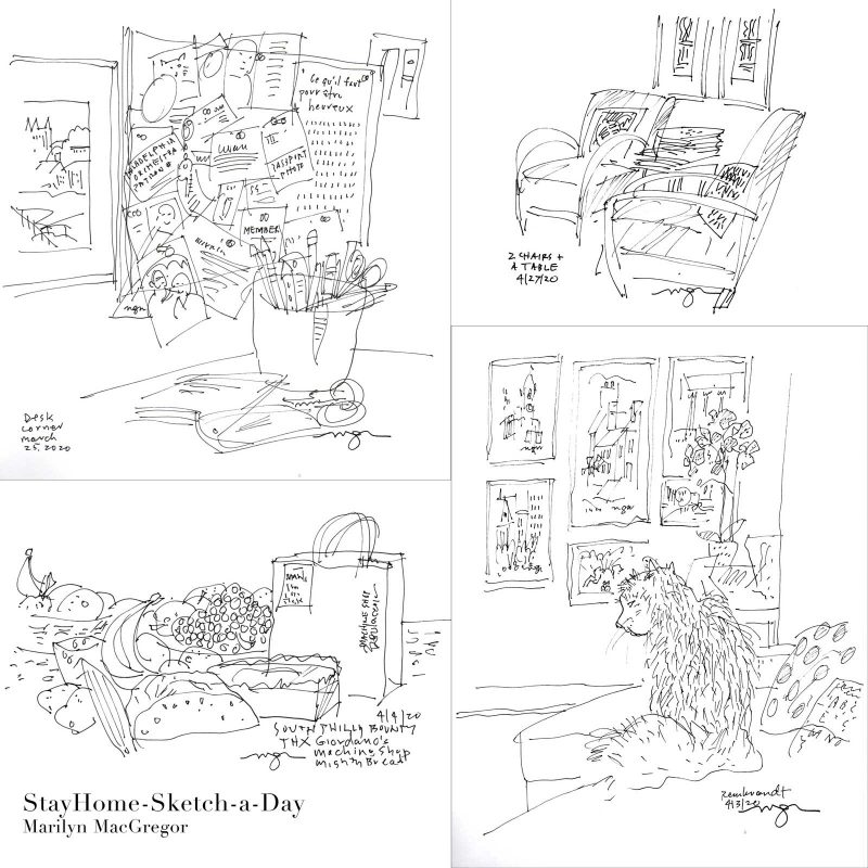 Still life sketches of a desk, chairs, groceries, and a cat.