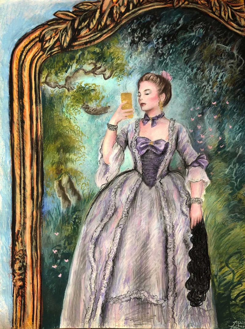 Painted portrait of a woman wearing an ornate gown taking a selfie in a mirror that reflects a garden.