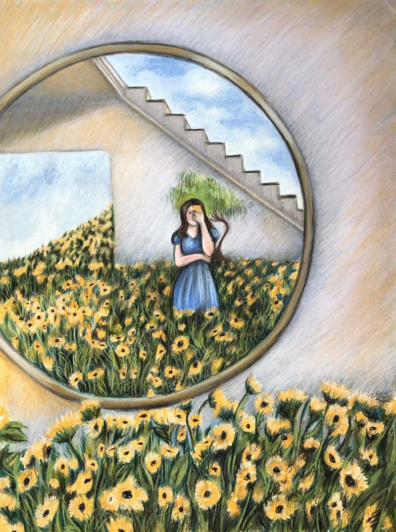 Painted portrait of a woman in a dress taking a selfie in a round mirror that reflects a garden full of sunflowers.