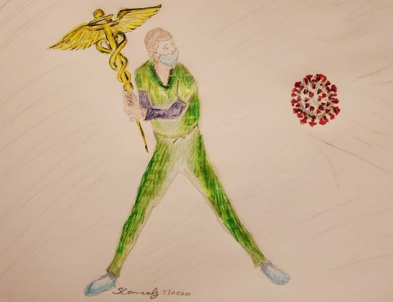 drawing of a figure prepared to swing a health care symbol as if it were a baseball bat.