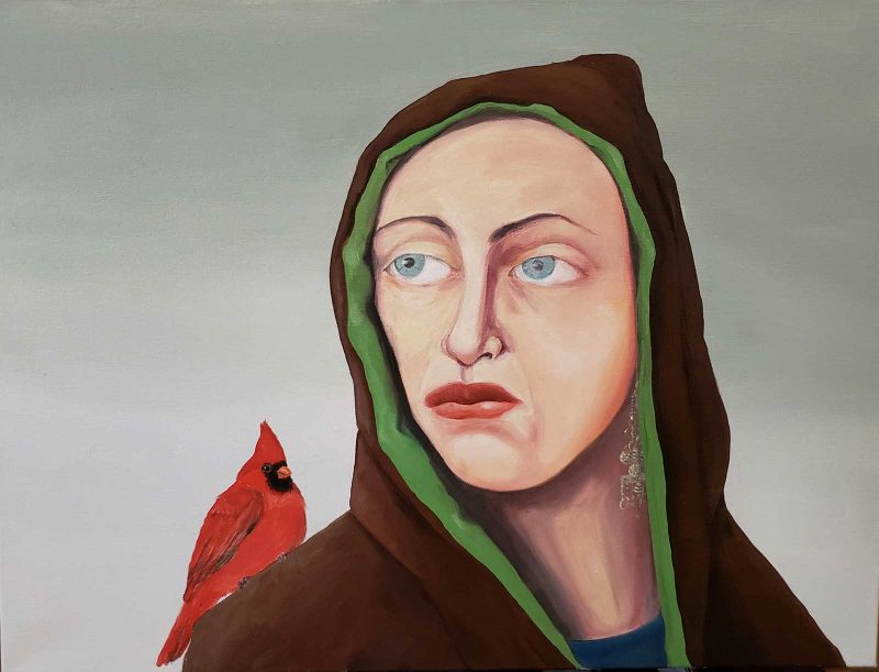 Painting of a person in a hoodie with a bird on their shoulder.