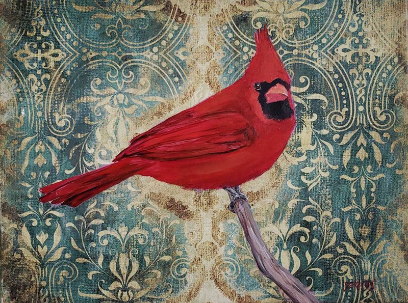 Painting of a red bird in front of a blue patterned background.