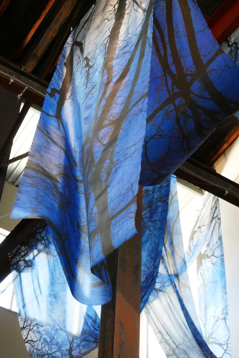 Fabric printed with images of trees strewn over metal beams.