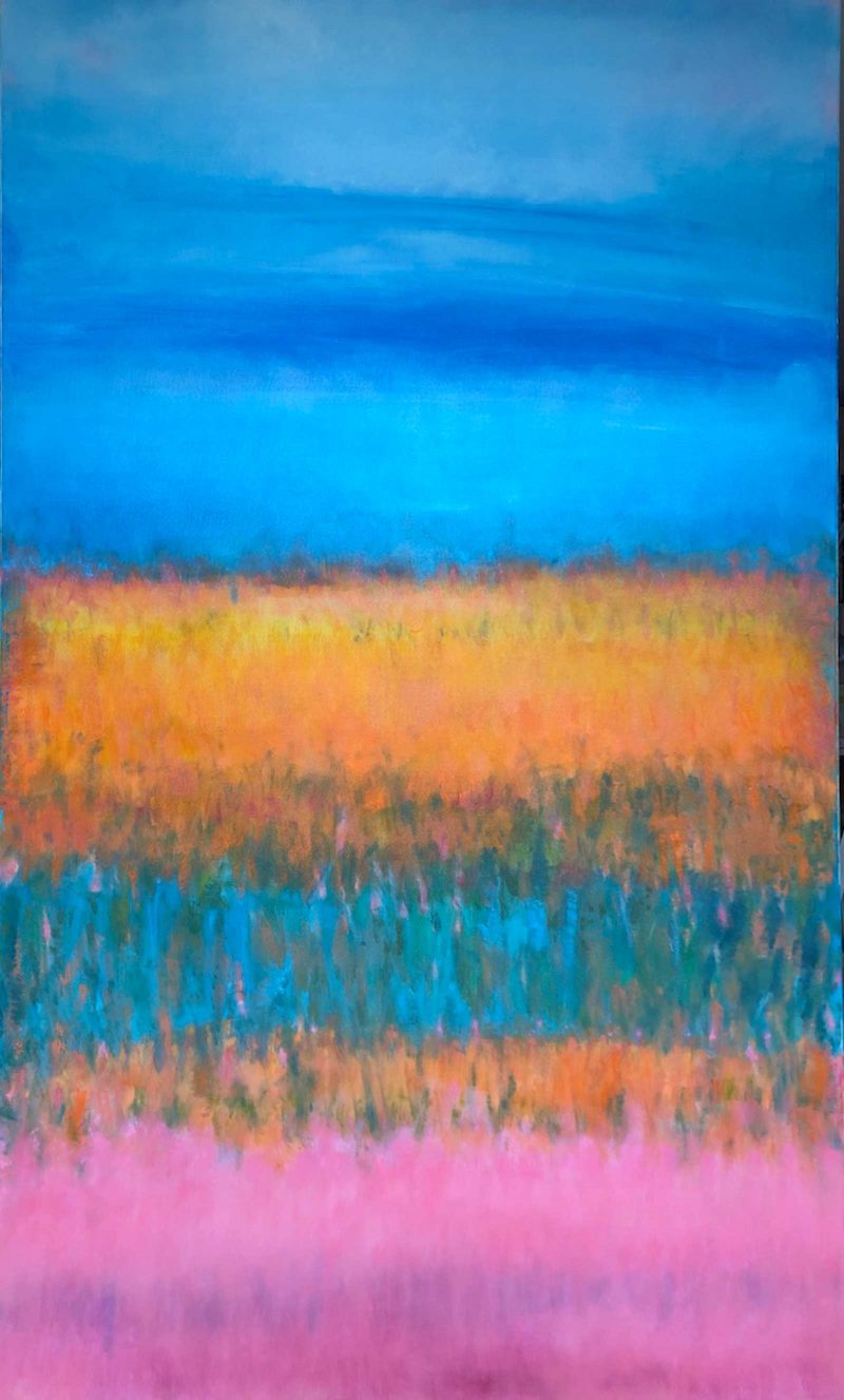 Oil painting of a sky and field with water.