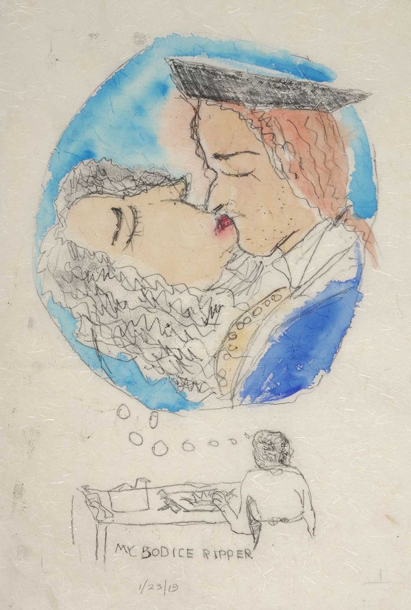 Drawing of two people kissing dressed in revolutionary war era clothing.