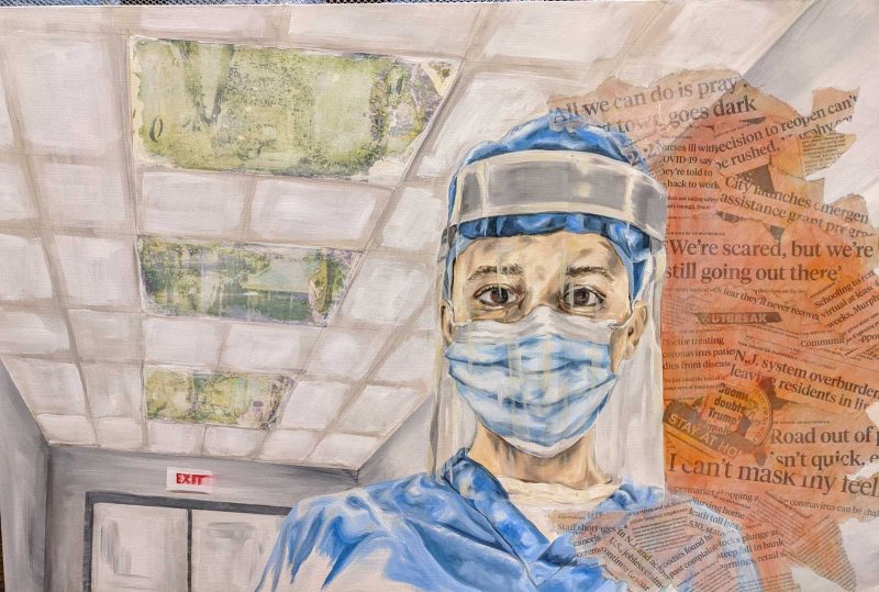 Drawing of an essential worker in a hospital wearing a mask and face shield. 