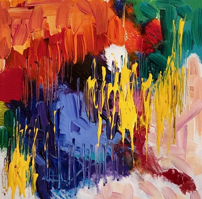 Abstract painting of colorful blobs melding together
