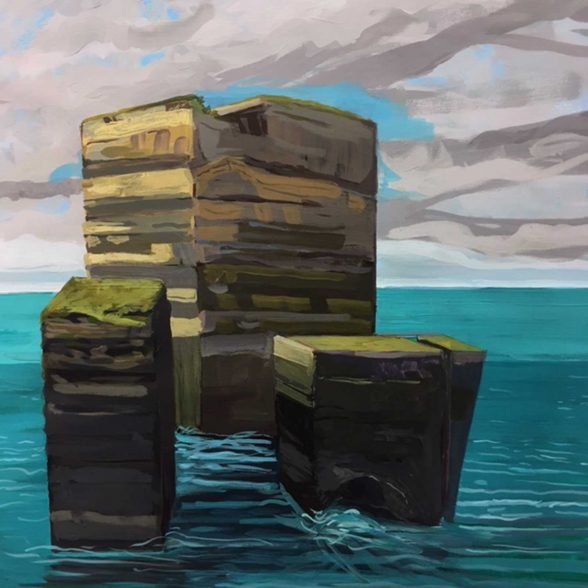 Painting of large rock formations in the ocean.