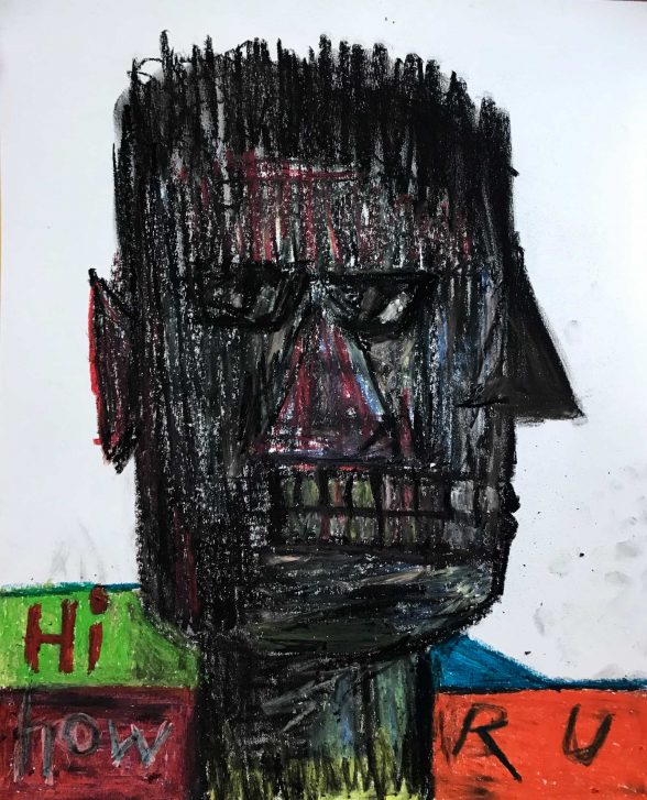 Oil stick drawing of a head with two faces, one gazing towards the viewer, the other turned away, with the text "HI / R U"