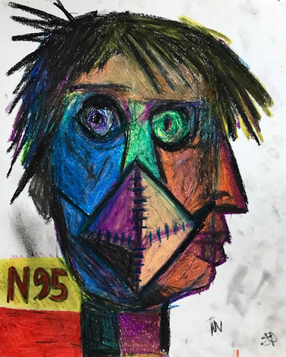 Oil stick drawing of a head with two faces, one gazing towards the viewer, the other turned away, with the text "N95"