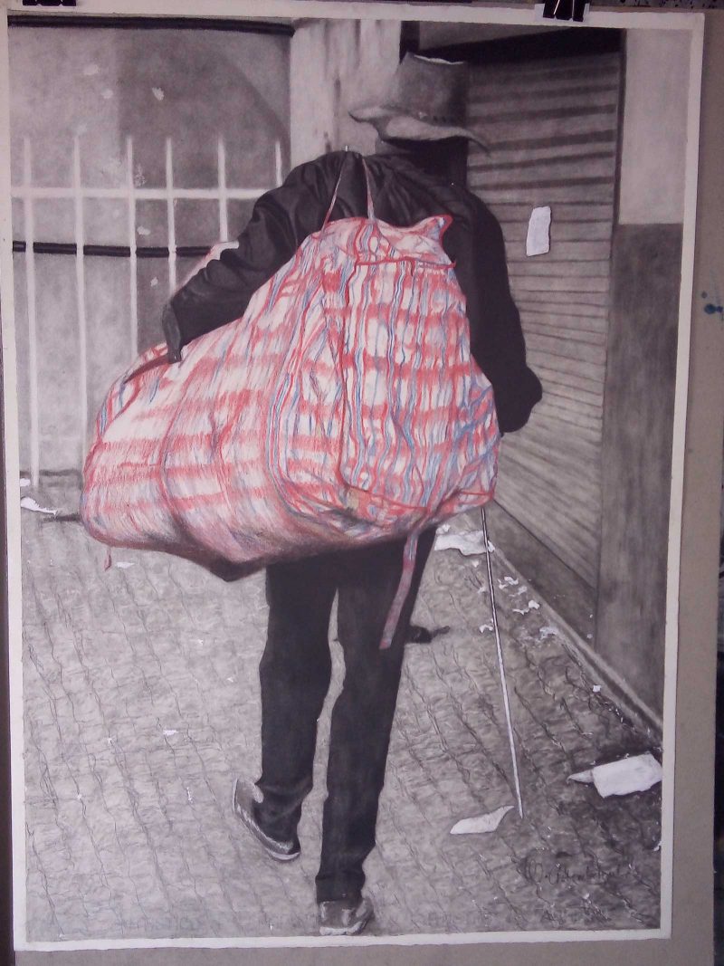 Drawing of a figure walking away from view wearing a large red duffel bag.