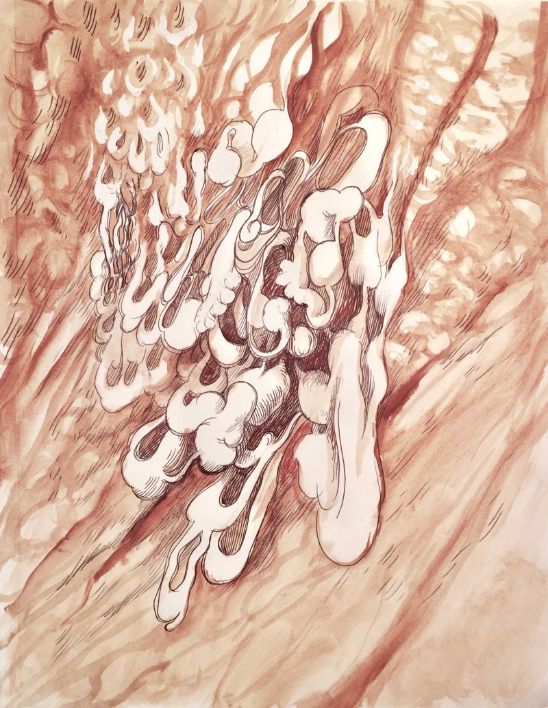 Ink drawing of organic, intertwining bodily shapes on a brown toned background.