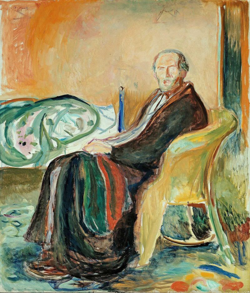Painting of a man sitting in a chair wearing a long cloak looking towards the viewer.