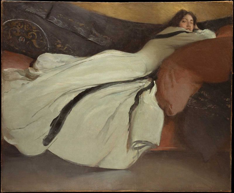 Painting of a reclined figure on a couch wearing a long white dress