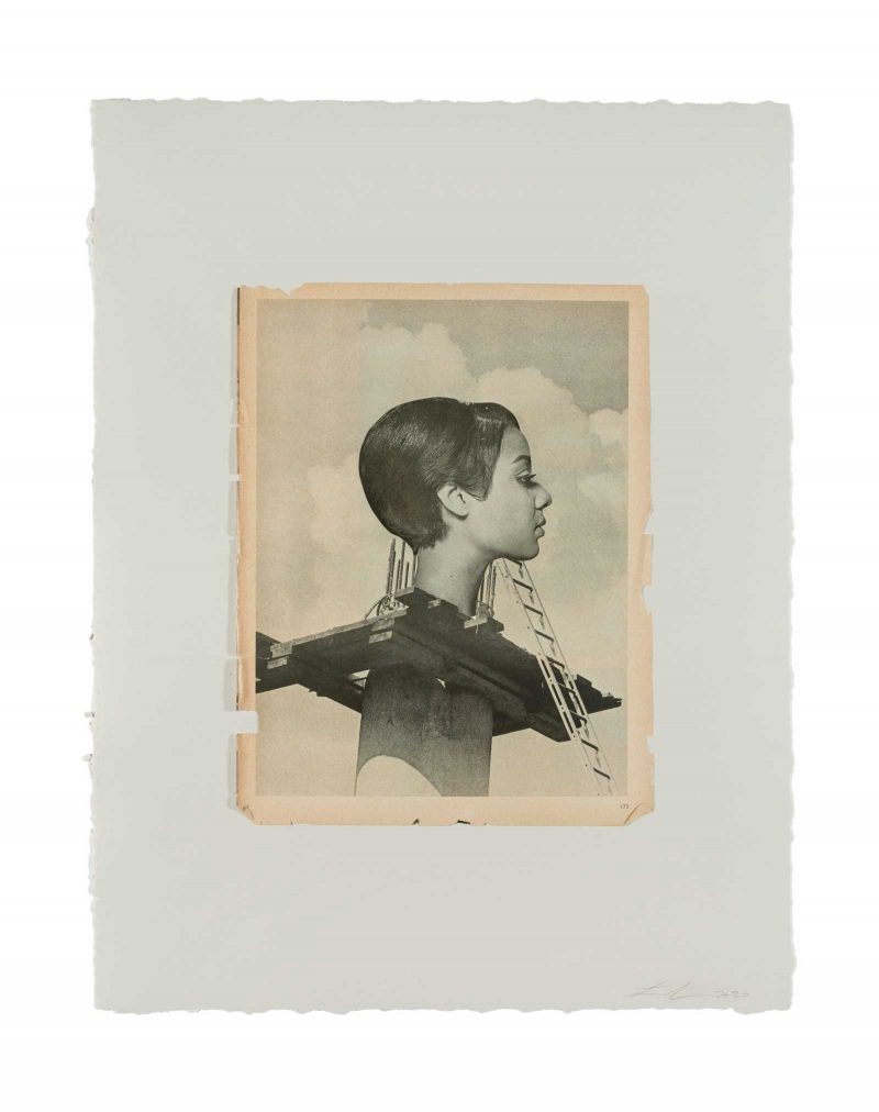 collage of a black woman's head seen from the side pasted onto an industrial tower with a ladder hanging off of it. 