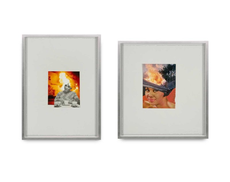 Two framed collages of black women with fires surrounding them.