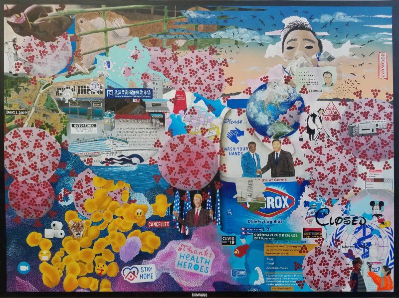 Large painting collaging covid-19 related imagery, such as a clorox bottle, masked people, social media logos, and the virus itself.