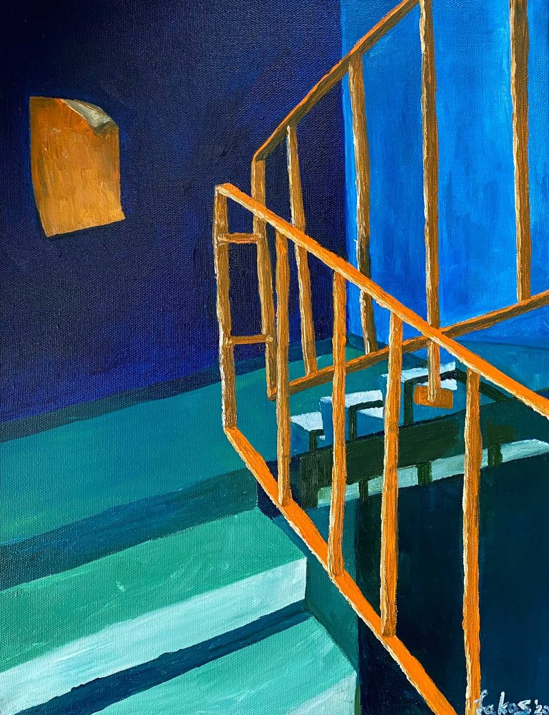 Blue and orange painting of a stairway