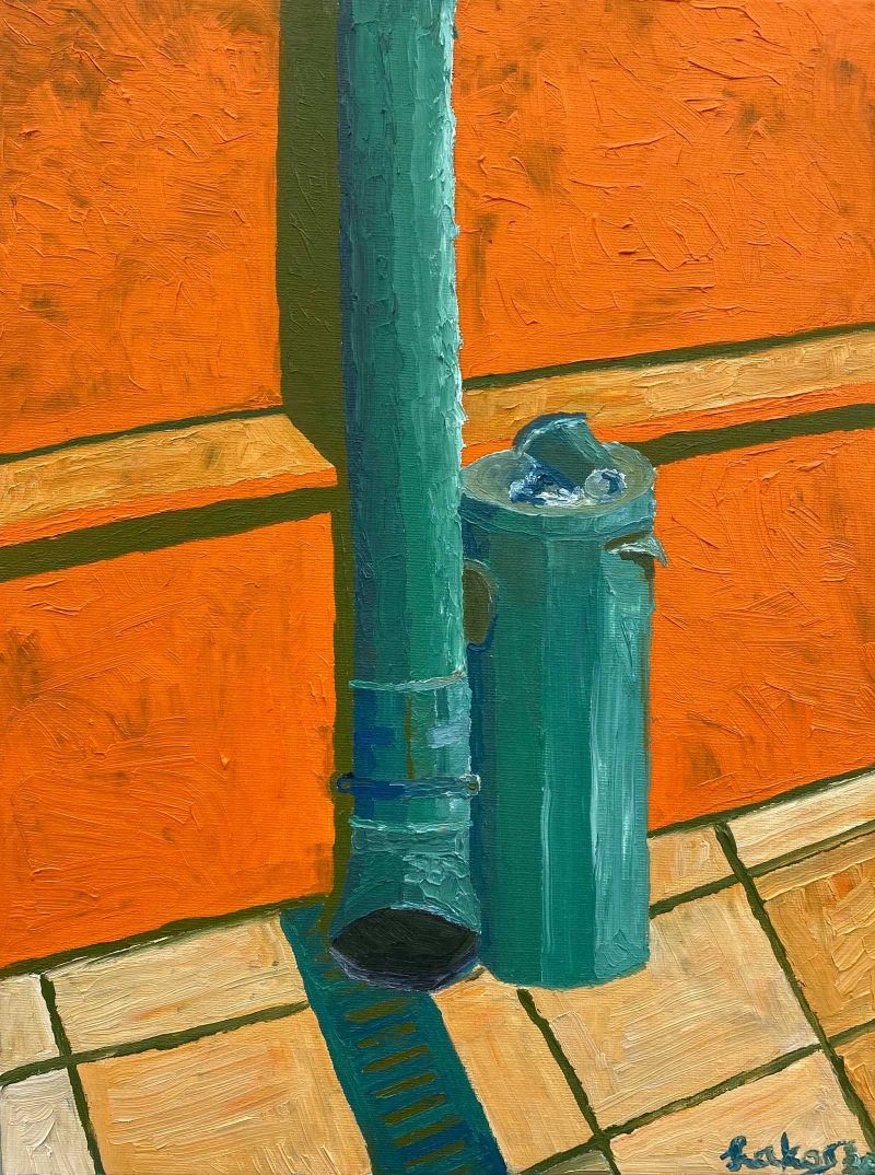 Painting of a water gutter next to a long slender trashcan on the sidewalk.
