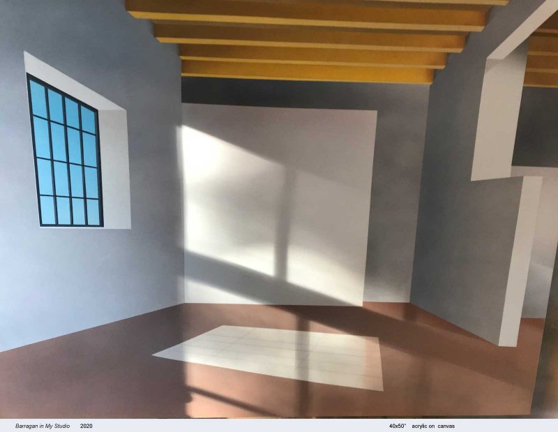 Painting of a studio with light coming in from the window in rectangular shapes.