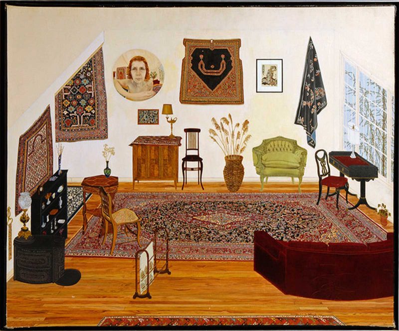 Oil painting of a living room with lots of ornate seating and lots of art on the wall.