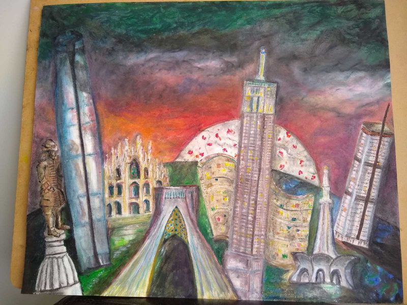 Pastel drawing of major buildings in front of a setting sun and a colorful sky.
