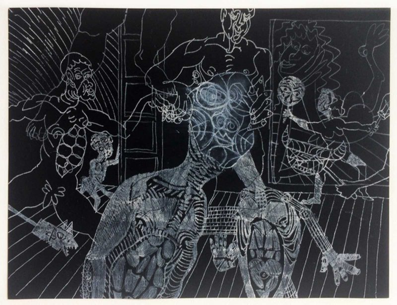 White pencil drawing on black paper of figures overlapping in a ghostly way