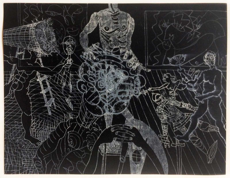 White pencil drawing on black paper of figures overlapping in a ghostly way