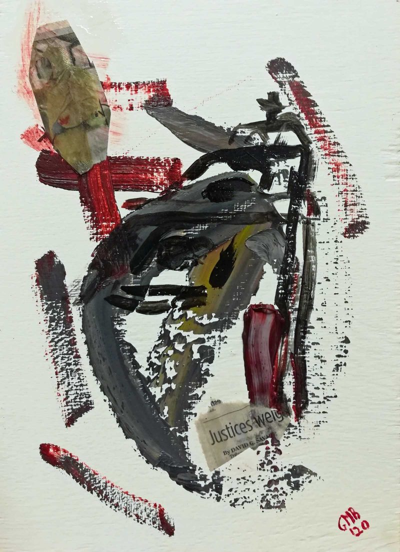 Abstract painting of red and gray and black brushstrokes with paper swatches collaged on.