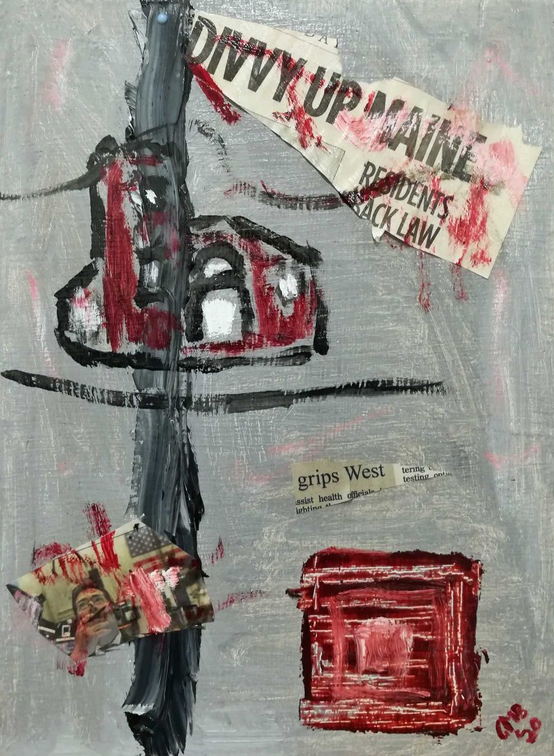 Gray painting with red buildings and a newspaper clipping collaged on.