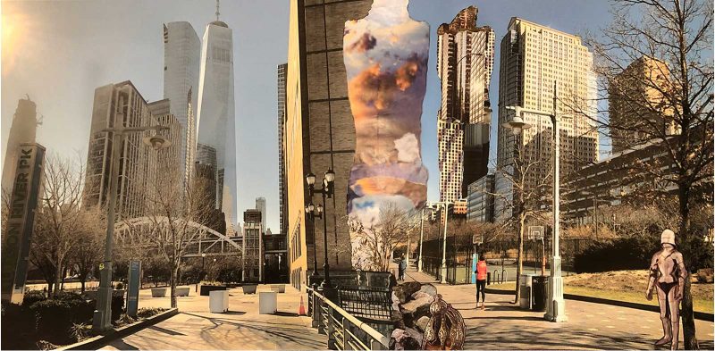 Collage of a city skyline with ghostly and textured figure shaped masses 