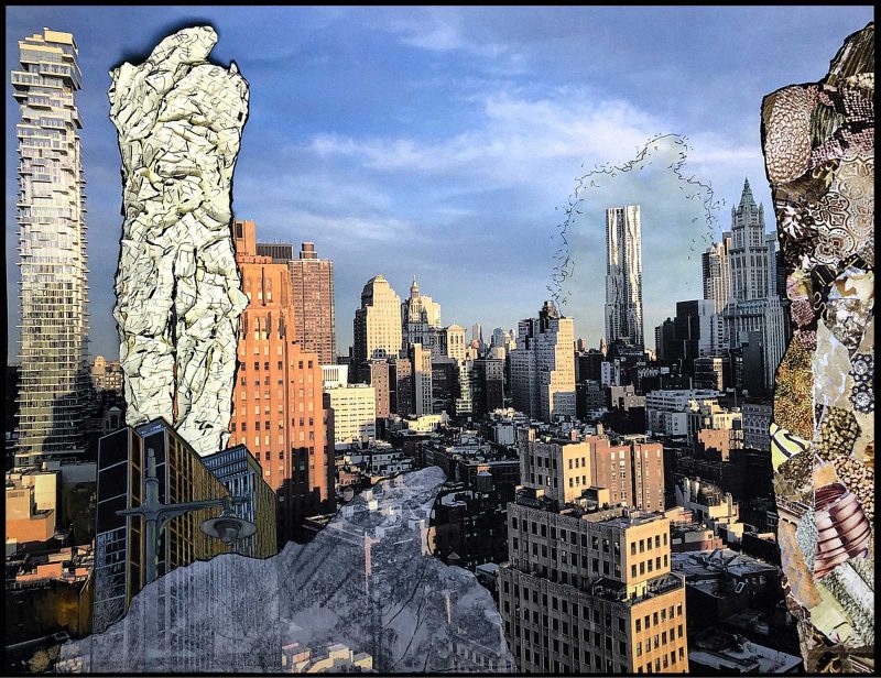 Collage of a city skyline with ghostly and textured figure shaped masses 