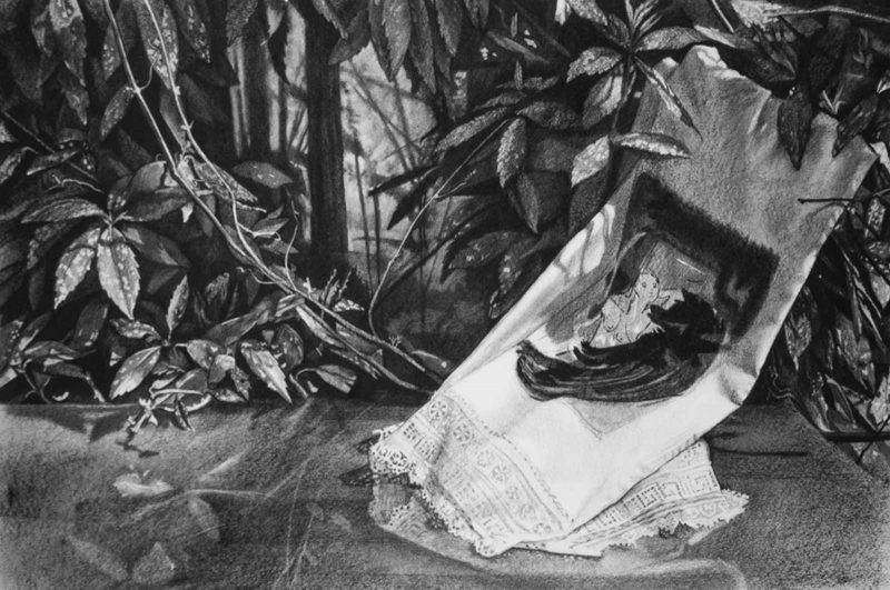 Black and white drawing of a woman's head on a white cloth in a nature setting at night