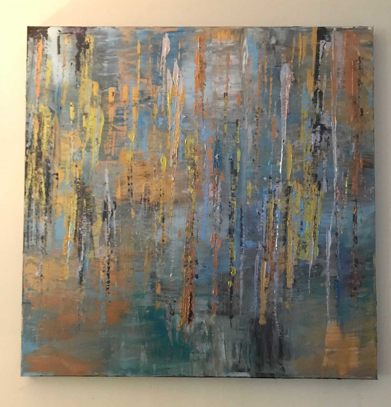 Abstract textured painting featuring blue and brown tones in vertical designs.