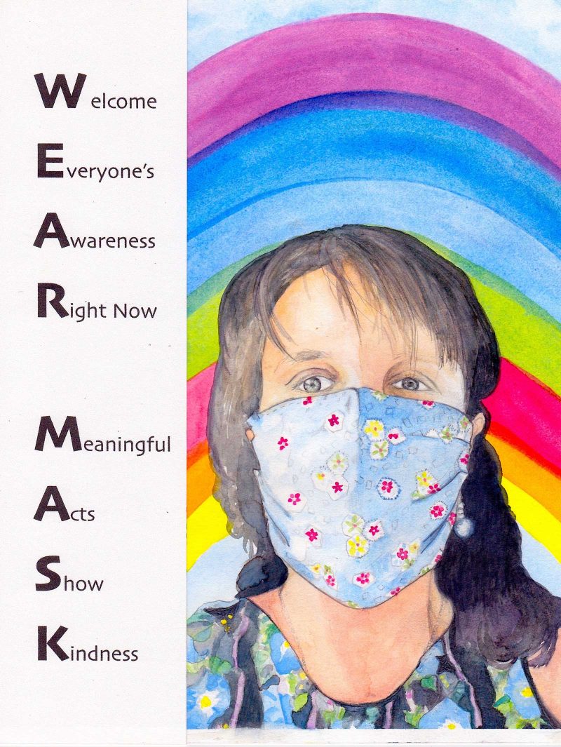 Watercolor painting of a person wearing a mask in front of a rainbow with text to the left.