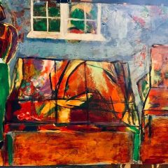 Abstract painting with a figure on the left nearby a couch and arm chair below a window.
