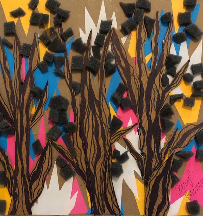 A brown background with colorful swatches collaged on top and leafless, black tree silhouettes in the foreground.