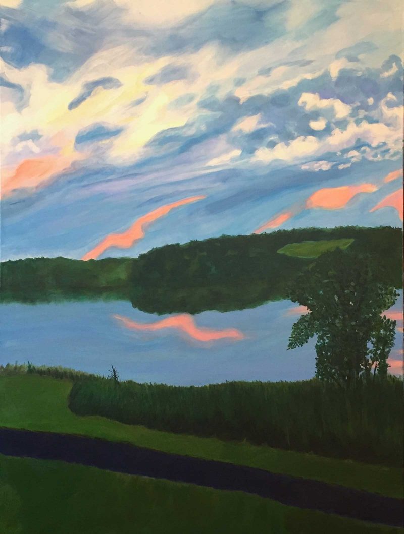 Painting of a lake under a setting sky with the colors reflected in the water