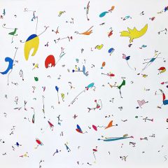 White background with many multi-colored abstract shapes floating in perspective