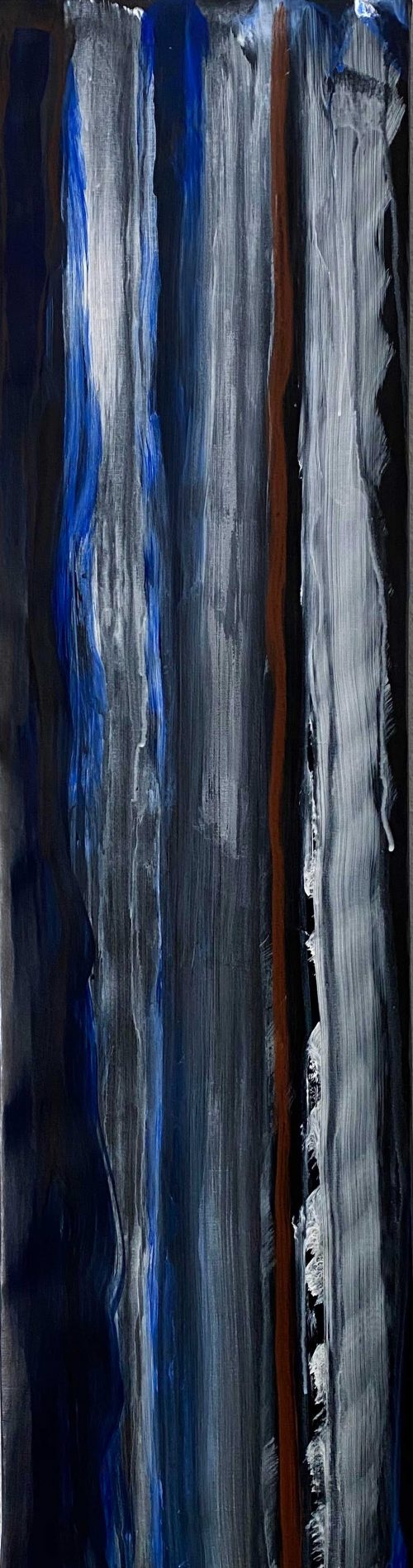 vertical rectangular painting with a black background and white and blue paint strokes going downwards