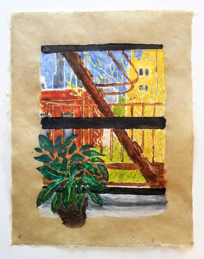 Drawing of the view outside of a window with a plant on the sill. Out the window, visible is a fire escape and a partial view of two domestic buildings. 
