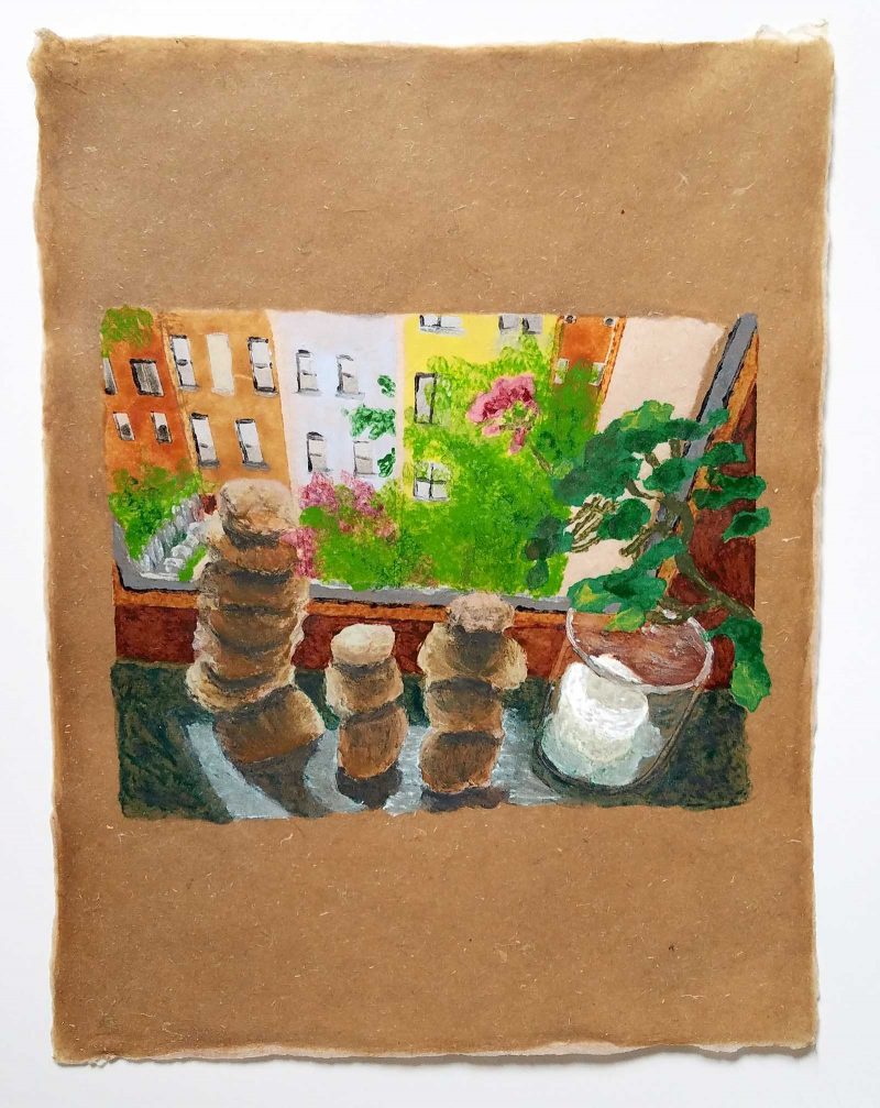 Drawing of a window sill with stacked rocks and a plant. Outside the window multiple domestic buildings are visible.